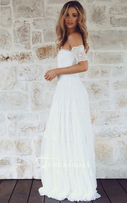 A e Off the Shoulder Beach Dresses Short Sleeves Strapless Lace Boho Wedding Dress or Length Custom Made Bohemian Bridal Gowns