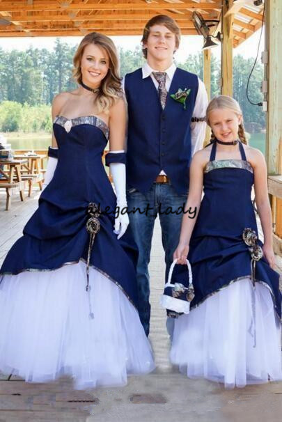 Latest 2023 Country Cowboy Camo Wedding Dresses Navy Blue Denim A Line Pleats Sweetheart Lace Up Back ruffles cowgirl Bridal Gown