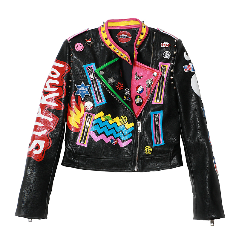 2017 Women Punk Style Graffiti Printed Short Jacket Rivet Spliced PU Leather Slim Coat Long Sleeve Motorcycle Jacket Coat