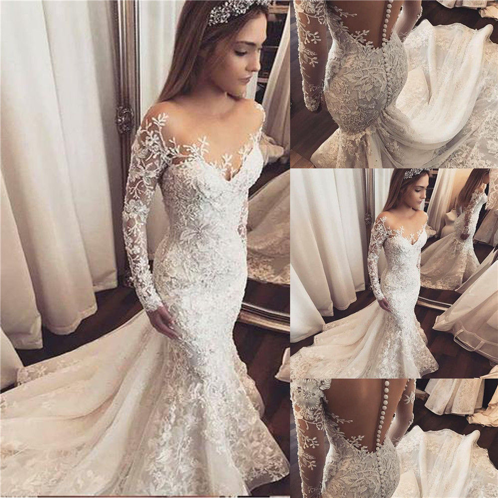 Elegant Long Sleeve Mermaid Wedding Dresses Sexy Sheer Neck Middle East African Full Lace Appliqued Bridal Gowns Court Train vestidos