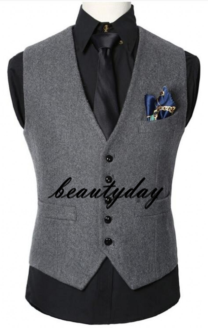 2019 Dark Gray Wedding Groom Vests Wool Single breasted Herringbone Tweed Vests Groomsmen Vest Men's Suit Vest Prom Waistcoat Plus Size