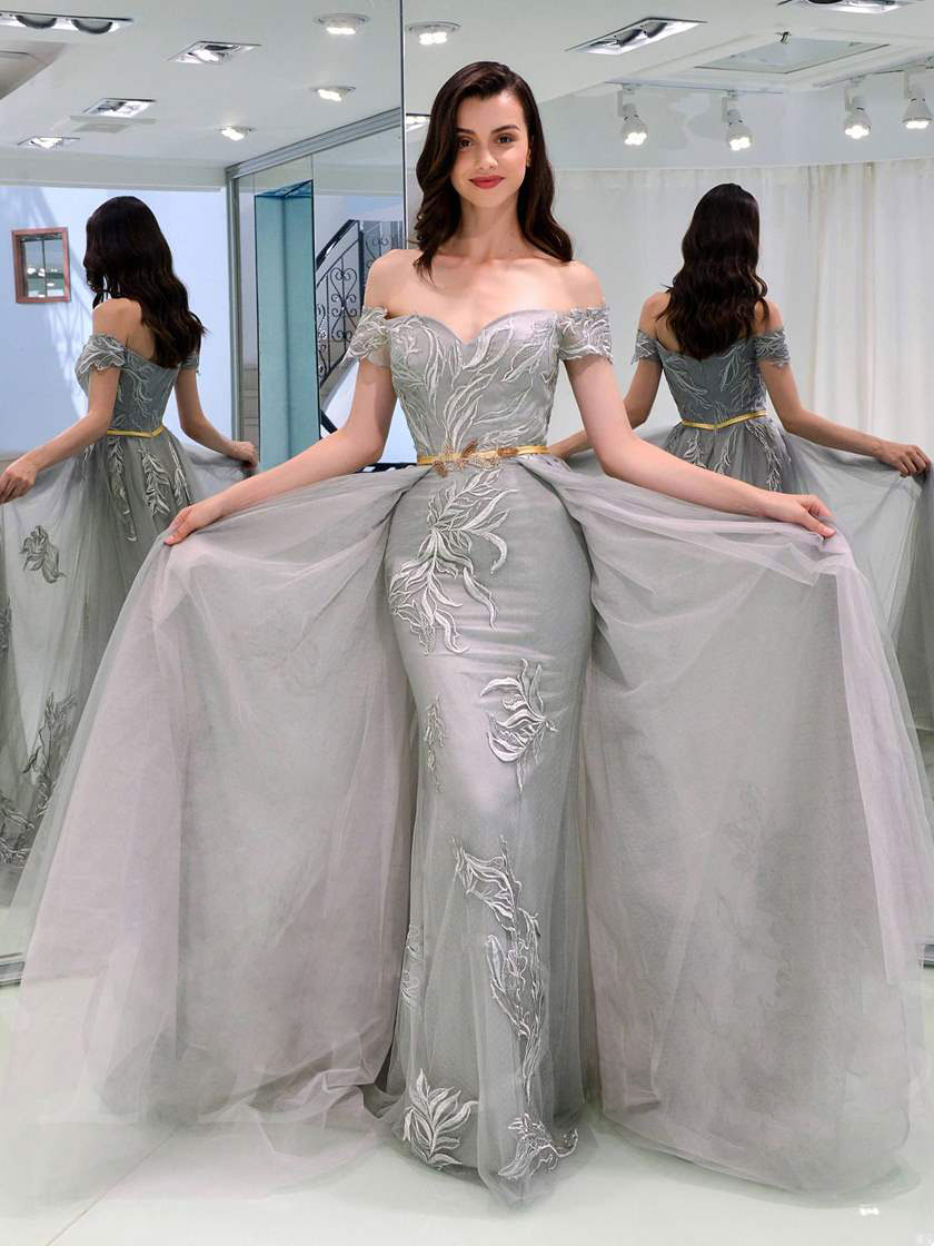 Hot Sale Overskirt Evening Dresses With Detachable Train Off The Shoulder Lace Appliqued Formal Dress Sweep Train Tulle Long Prom Gowns