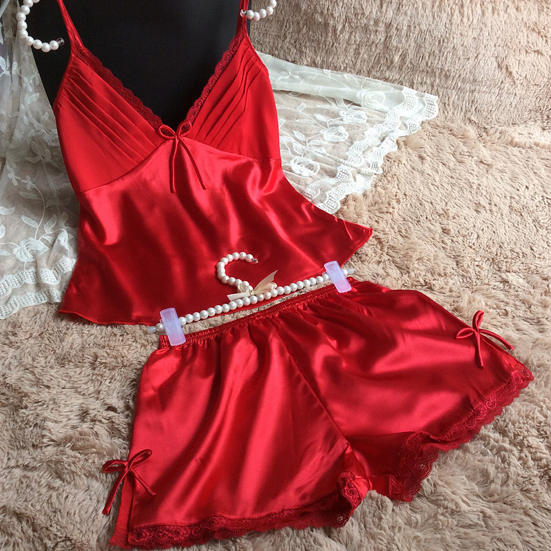 2019 summer style pajamas sets Women Female Sleep set Women's Deep V-neck Sexy Spaghetti Strap Shorts Sleepwear silk homewear S1015