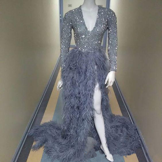 luxury split feather prom dresses deep v neck long sleeve sequined beads formal dress evening wear sweep train party pageant gowns