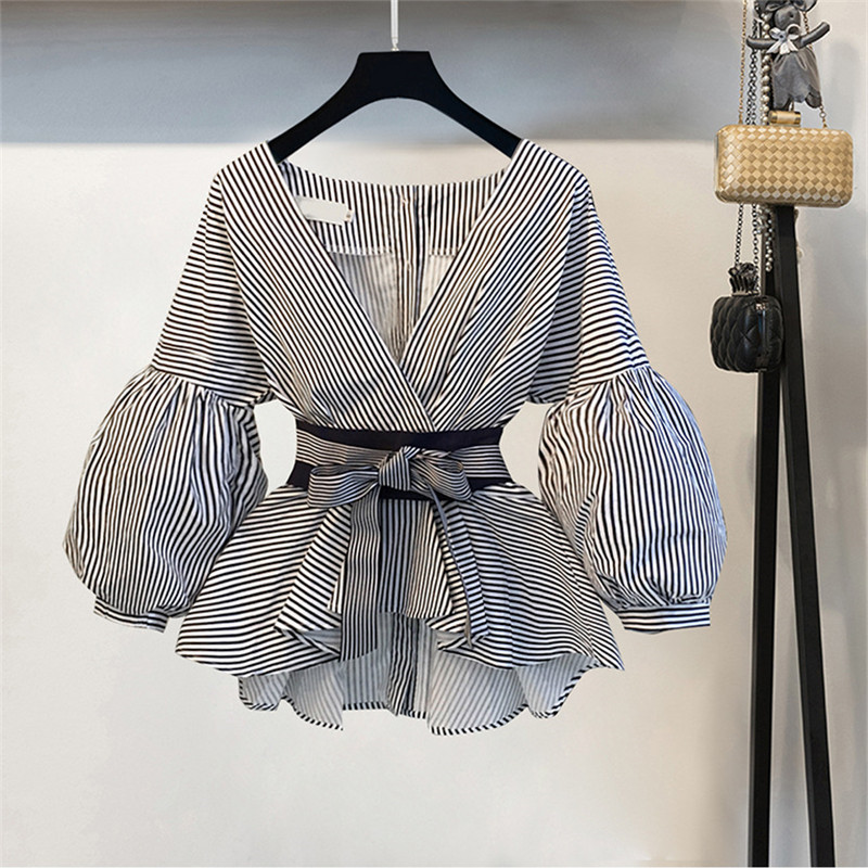 Neploe 2018 New Striped Blouse & Wide Leg Pants Set with Sashes Fashion Puff Sleeve Blusas + Flare Pants 2 PCs Women Suits 68191 D18110706