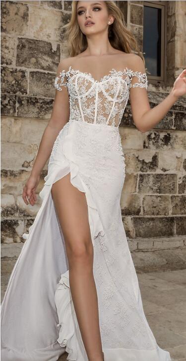 Dany Mizrachi Spring 2018 Wedding Dress Sheer Off Shoulder Lace Thigh-High Slits Bridal Gowns Backless Beach Chiffon Wedding Dresses