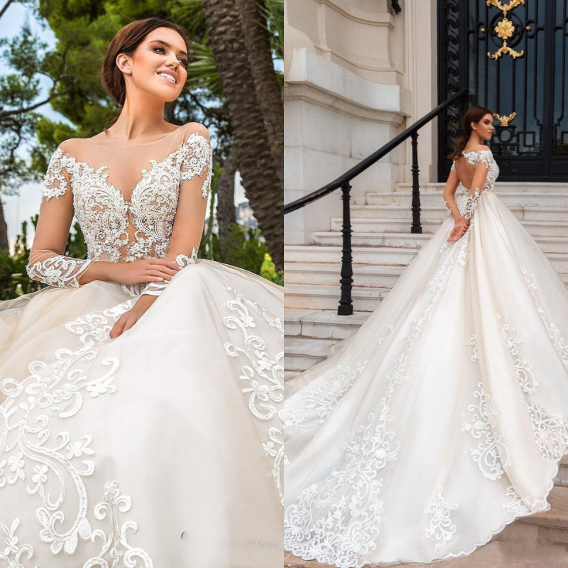 Vintage Long Sleeve A e Wedding Dresses Bridal Gowns Sheer Necke Illusion Lace Appliques Court Train Vestidos De Novia Arabic Bride Dress