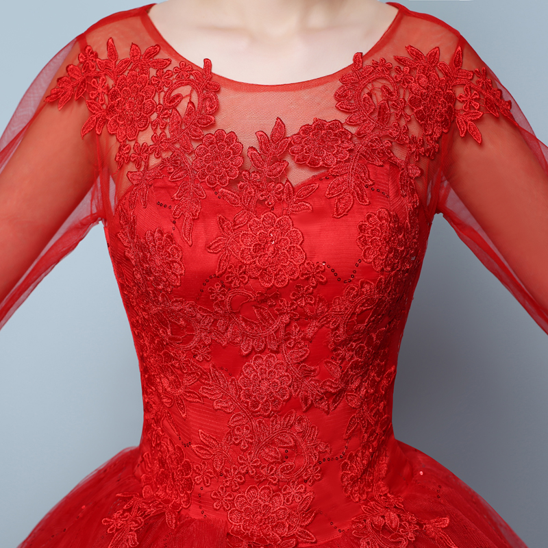 New Fashion Classic Romantic Red Ball Gown Wedding Dress 2018 New Illusion Lace Long Flare sleeve Custom Plus Size Bridal Dress