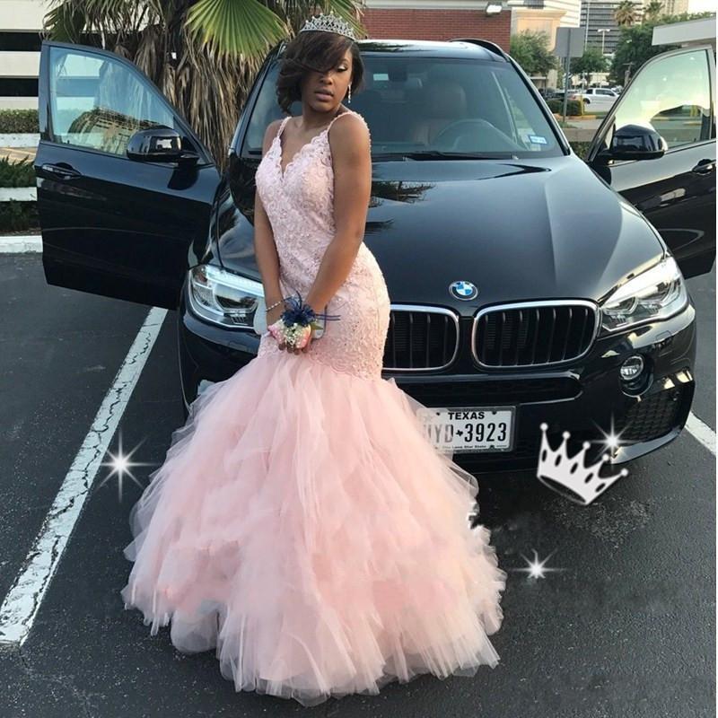 New African Pink Mermaid Prom Dresses for Black Girl Sexy V-neck Beaded Appliques Lace Long Backless Dresses Evening Wear Plus Size
