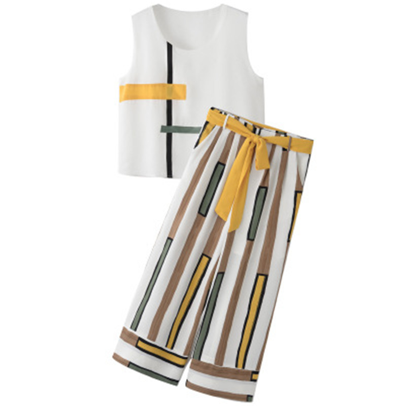 2018 Women Casual Striped Two Piece Set Women Summer Sleeveless Elegant Tank Top Office Lady Work Wide Leg Pants Chiffon Suit