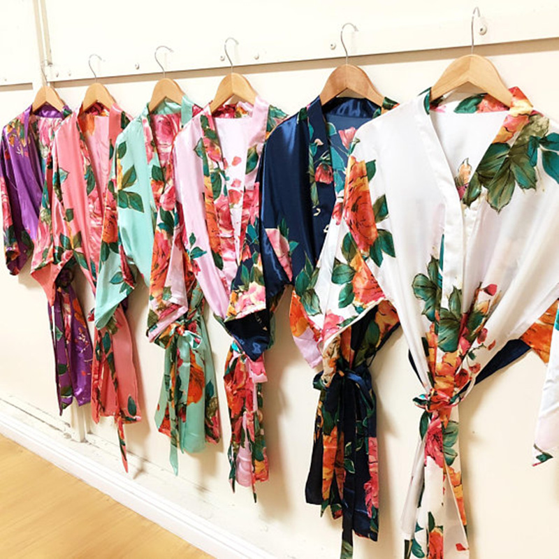 Fashion Silk Satin Short Kimono Robe Wedding Bride Bridesmaid Night Robe Floral Bathrobe Female Dressing Gown For Women