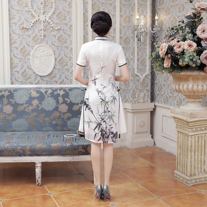 New Summer Sexy White Satin Chinese National QiPao Vietnam Ao Dai Dress Lady' s Short Sleeve Print Tight Short Dress S-2XL AD4-A