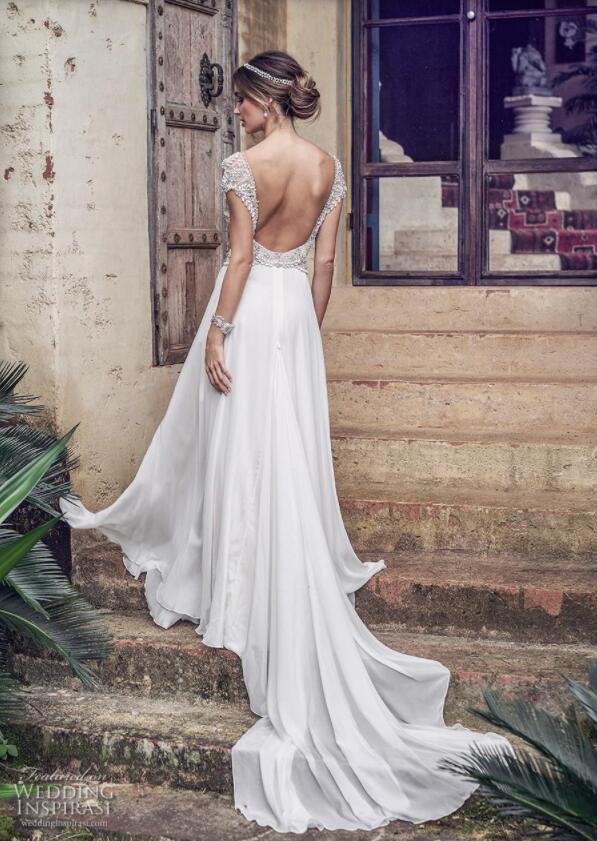 Vintage Bohemian Wedding Dresses V Necl Lace Crystal Pearls Chiffon Boho Bridal Gowns Backless Illusion Cap Sleeve Beach Wedding Dress