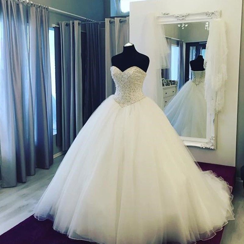 2020 New Beaded White Ivory Ball-Gown Wedding Dresses Lace Up Plus Size Wedding Party Bridal Gowns B