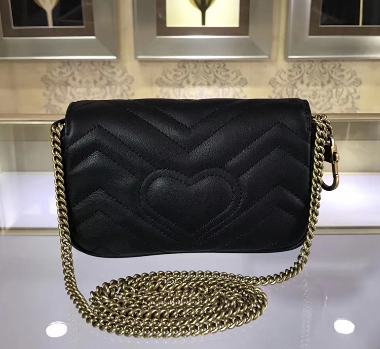 Top 7A Quality Black Cowhide Leather Messenger Bag 476433 Fashion Design Mini Heart Chain shoulder Bag clutch wallet