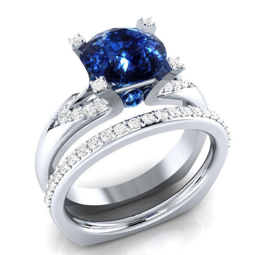 Drop Shipping New Arrival Professional Luxury Jewelry 925 Silver Fill Round Cut Topaz&Sapphire CZ Diamond Wedding Band Ring for Women Gift