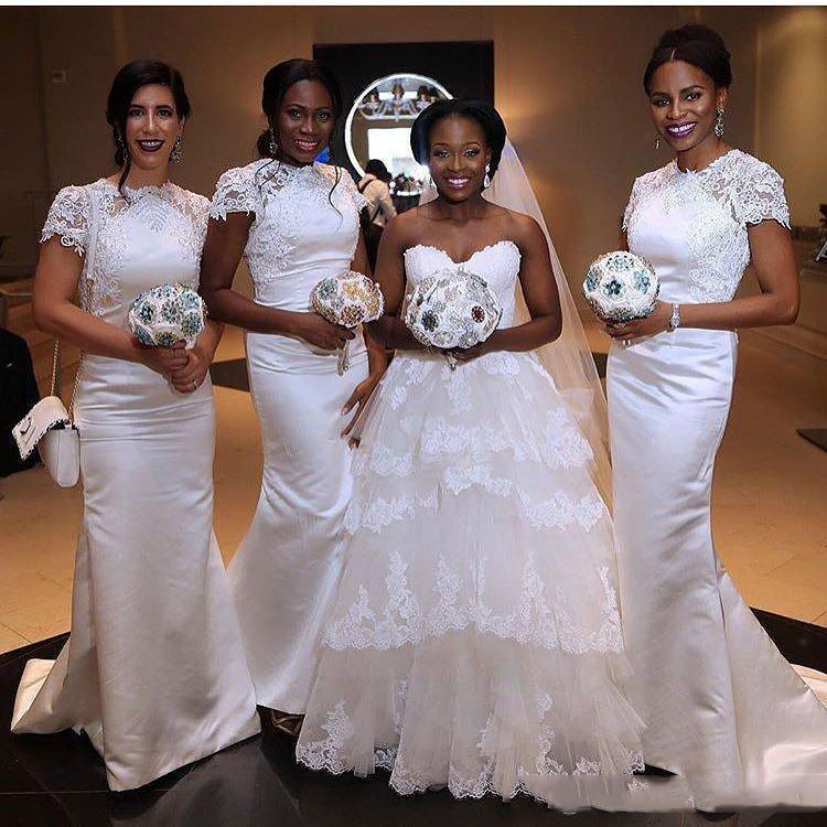 White Mermaid Bridesmaid Dresses Long Sweep Train Short Sleeves Lace Appliques High Neck Wedding Guest Dresses African Style MB087
White Mermaid Bridesmaid Dresses Long Sweep Train Short Sleeves Lace Appliques High Neck Wedding Guest Dresses African Style MB087