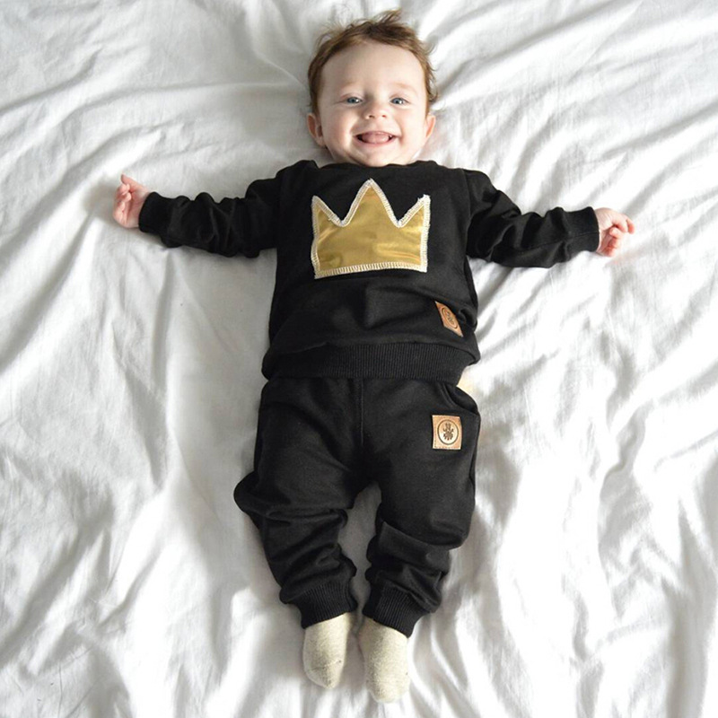 Boy long sleeved clothing top + pants 2 pcs sport suit children clothes set newborn crown baby clothing set suit