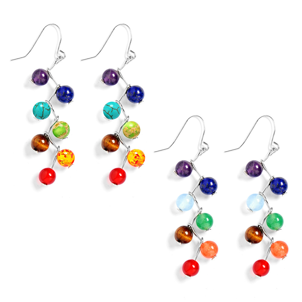 Fashion Healing Chakra 7 Rainbow Round Natural Stone For Women Vintage Yoga Bead Jewelry Long Drop Colorful Dangle Earrings Boho