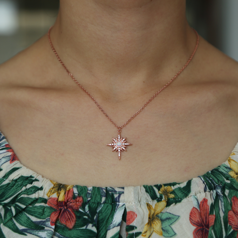 fashion gold plated jewelry northstar pendant necklace with clear cz white fire opal gemstone starburst 2021 christmas gift jewelry