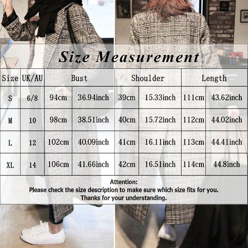 Women plaid long coat long sleeve woollen overcoat loose outwear female winter autumn trench coats plus size C18110601