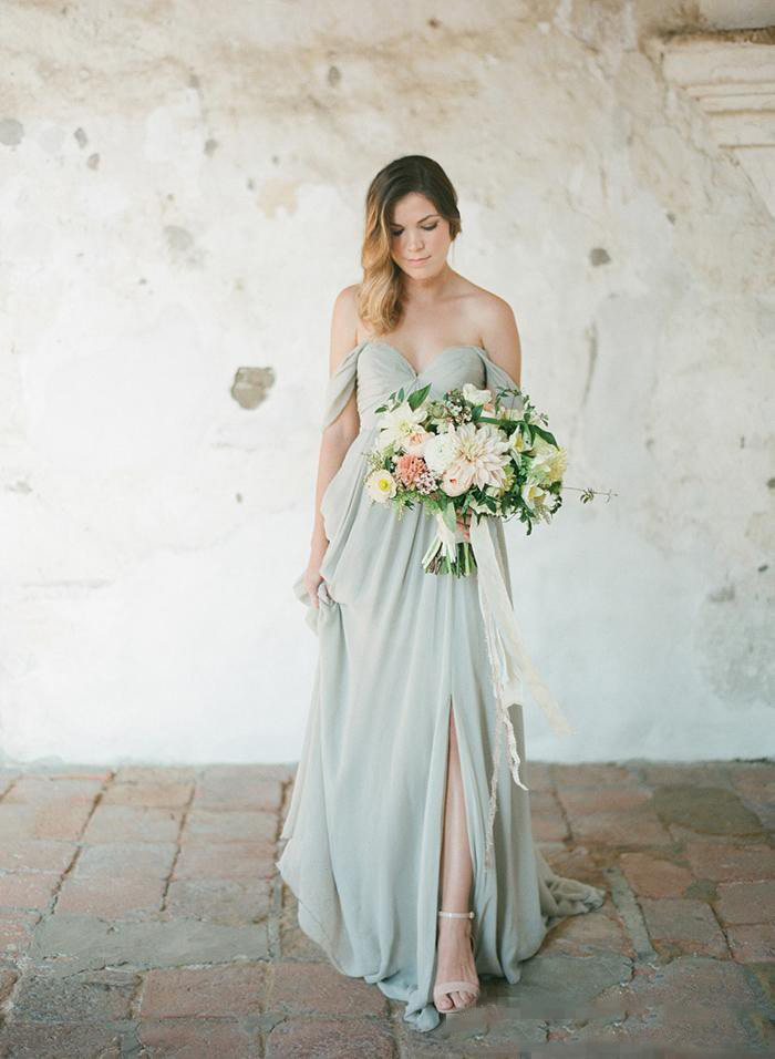 Sage Boho Bridesmaid Dresses Eleagnt Long For Wedding Guest Dress Chiffon Off Shoulder Side Split Plus Size Party Maid Of Honor Gowns 0521