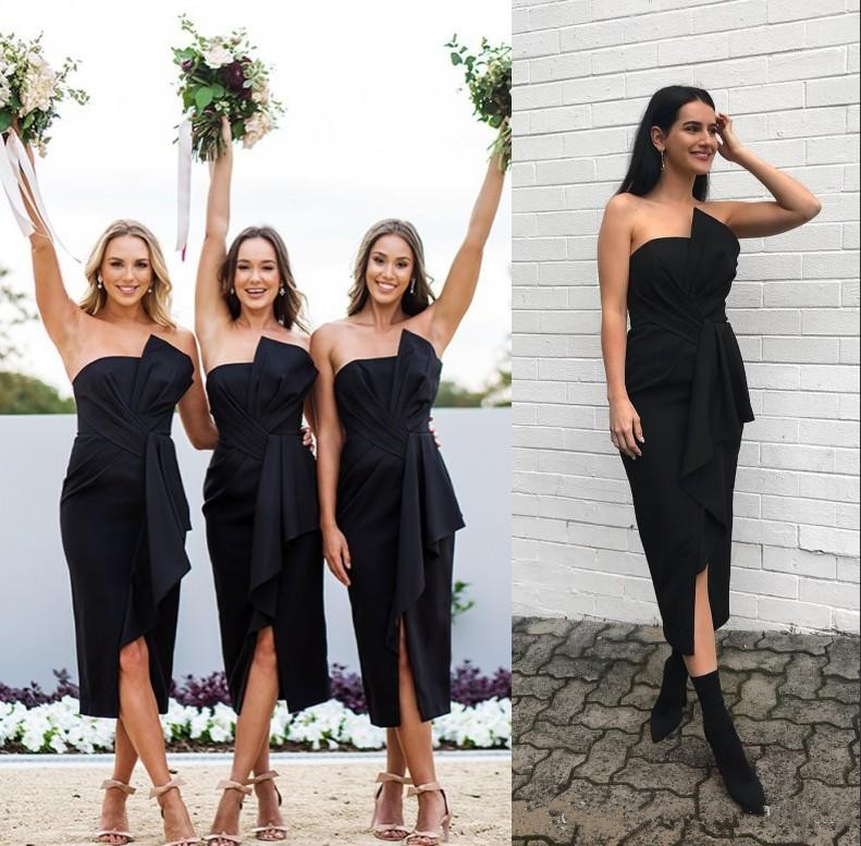 Tea Length Black Short Bridesmaid Dresses Sexy strapless Sheath Front Split Maid of Honor Gowns Cheap Wedding Party Guest Wear
Tea Length Black Short Bridesmaid Dresses Sexy strapless Sheath Front Split Maid of Honor Gowns Cheap Wedding Party Guest Wear