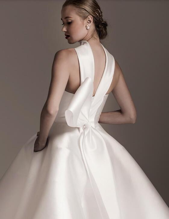 High Collar Elegant Wedding Dress With Pockets Ruffles Bow Satin Bridal Gowns Custom Made Fashion Short Wedding Dresses
