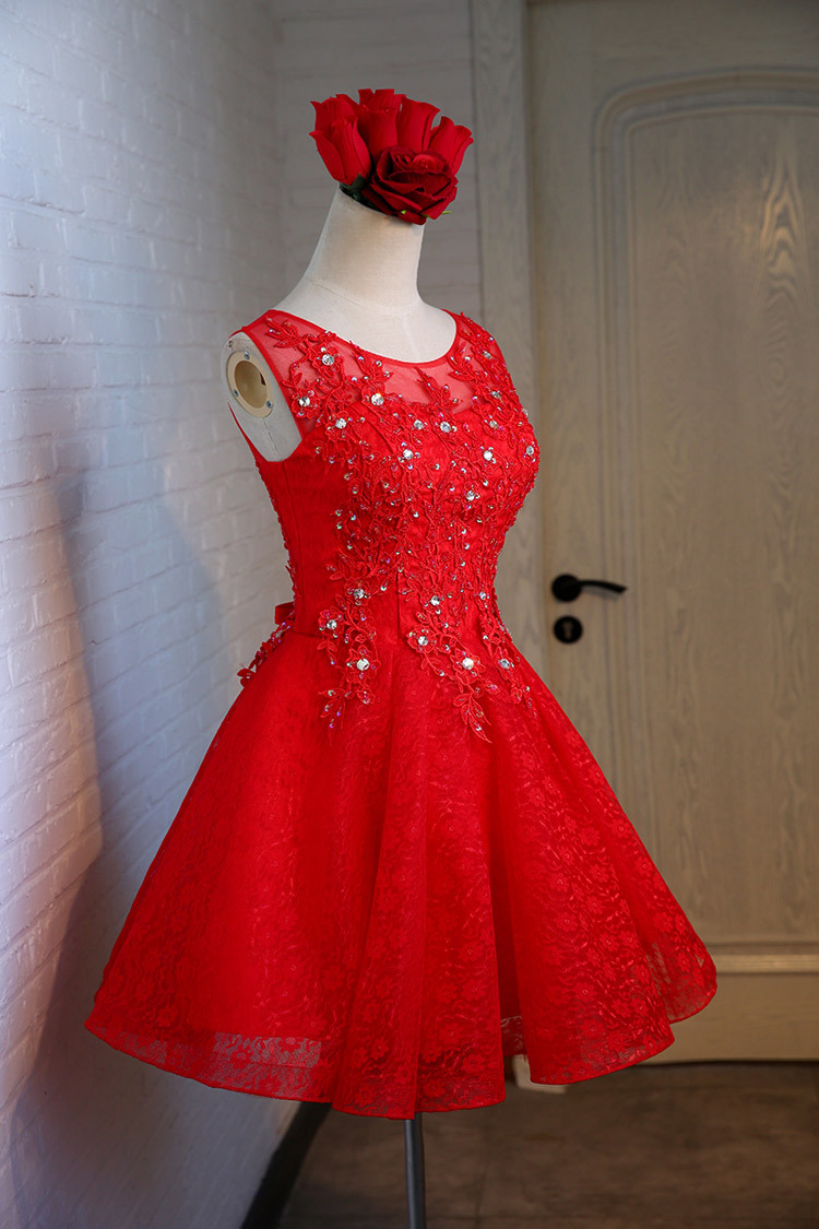 2018 New Arrival Vestidos Graduation Sleeveless O-neck Pink Red Champagne slim Lace A line Party Prom Dresses