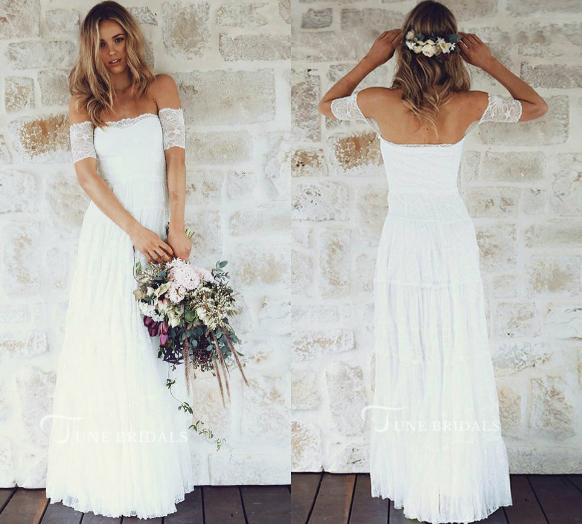 A Line Off the Shoulder Beach Wedding Dresses Short Sleeves Strapless Lace Boho Wedding Dress Floor Length Custom Made Bohemian Bridal Gowns, Champagne
A Line Off the Shoulder Beach Wedding Dresses Short Sleeves Strapless Lace Boho Wedding Dress Floor Length Custom Made Bohemian Bridal Gowns, Champagne