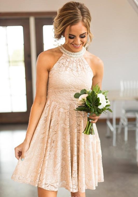 Short Lace Peach Country Bridesmaids Dresses Pearls Halter Neck Wedding Guest Dresses Knee Length Maid Of Honor Gowns HH263
