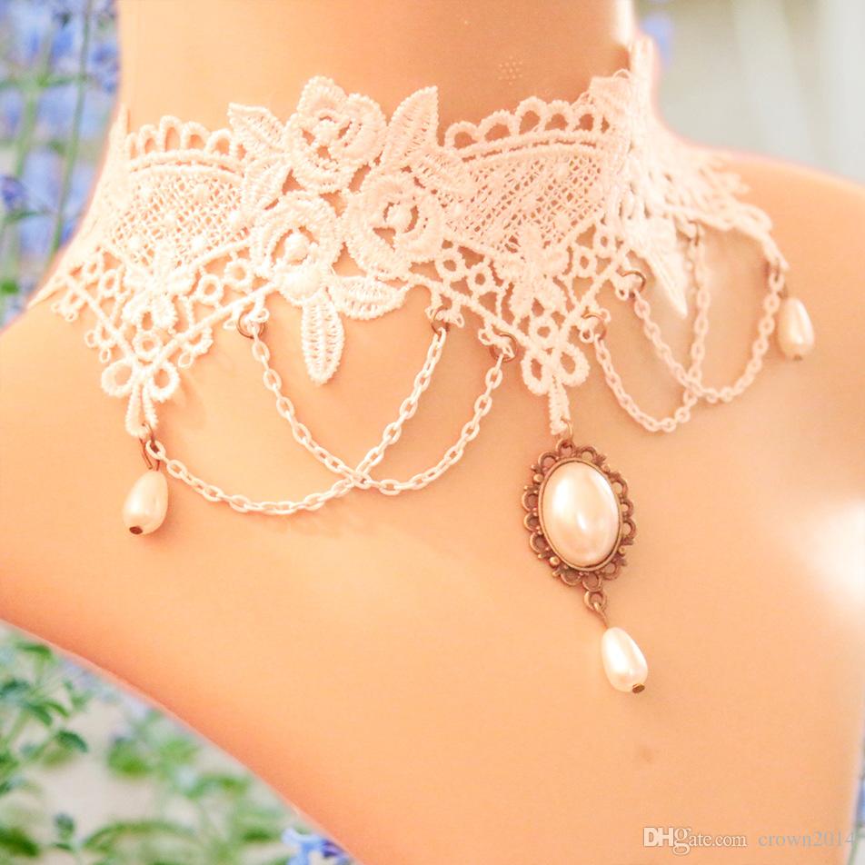 Vintage Handmade White Lace Choker Necklace with Jewelry Short Gothic Collarbone Chokers Necklaces For Wedding