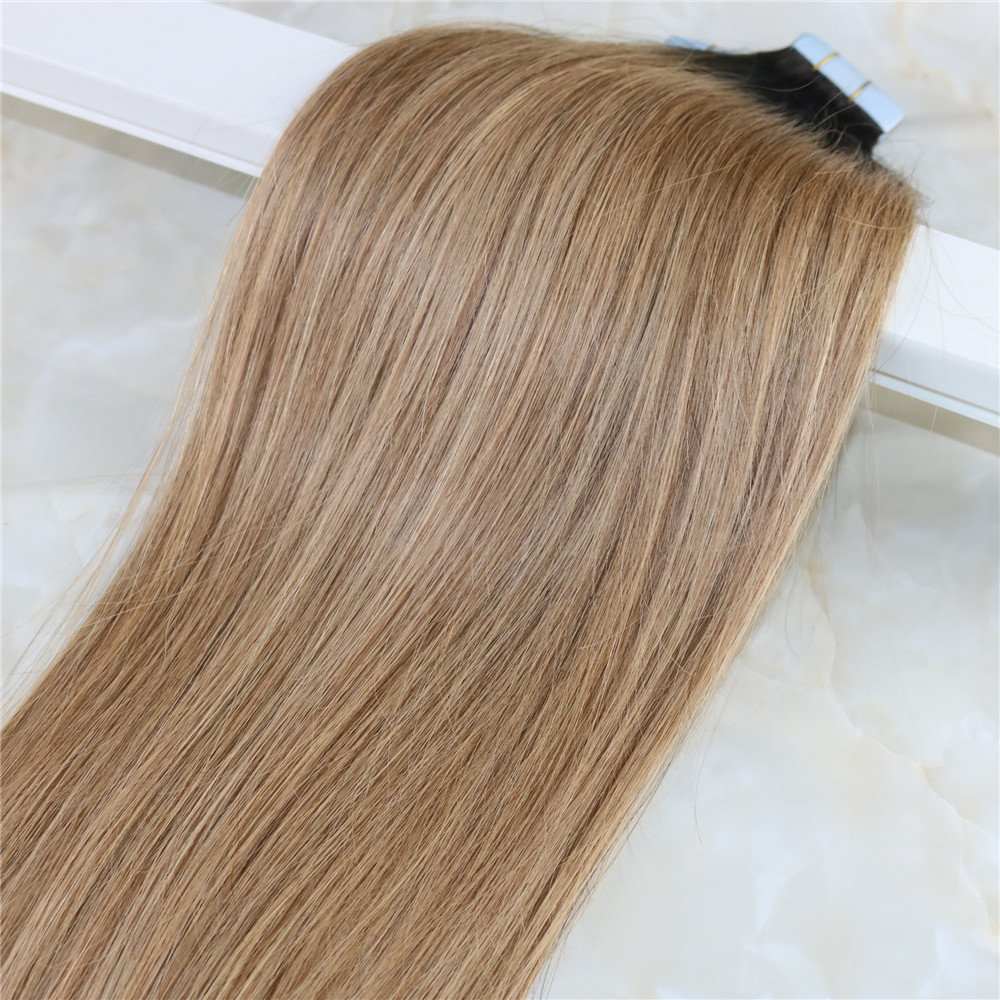 Human Hair Extensions Tape Remy Hair Full Head Balayage Color #2 Fading to #6 Mixed Honey Blonde Skin Weft 100g 40Pcs Seamless