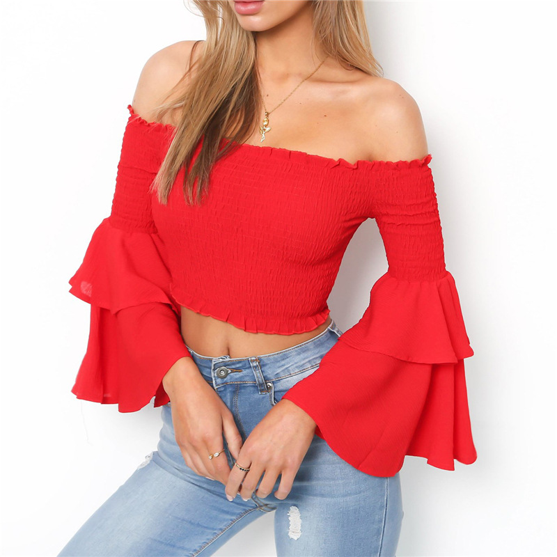 New Arrival Women Fashion Off Shoulder Ruffle Top Flare Sleeve Blouse Summer Sexy Crop Top Red Yellow Slash Neck Women от DHgate WW