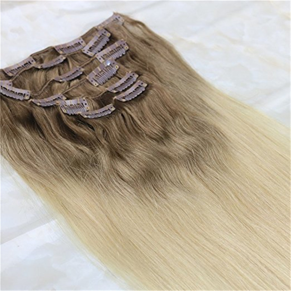 Remy Human Hair Clip in Weft Hair Extensions #18 Ash Blonde to #613 Blonde Ombre Clip on Extensions 7Pcs 120g