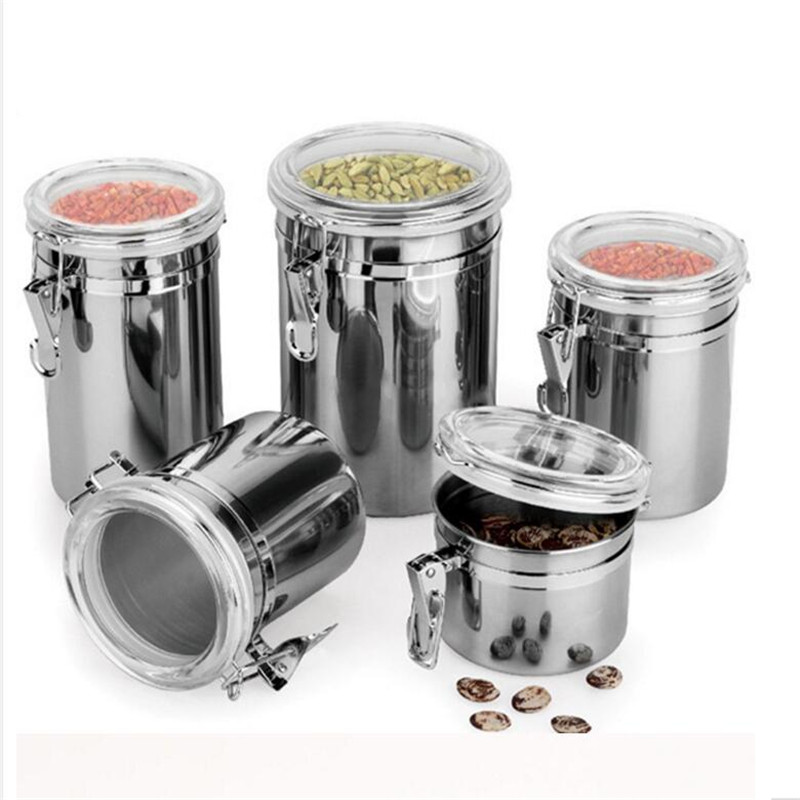 Stainless Steel Sealed Canister Coffee Flour Sugar Container Holder Cans Pots Storage Bottles Jar Transparent Cover