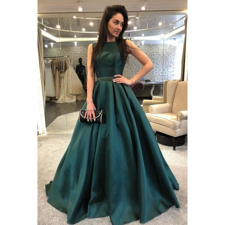 2019 Classic Sexy Backless Prom With Beaded Party Dark Green Graceful Satin Gowns Bateau Evening Dresses Customize 0510