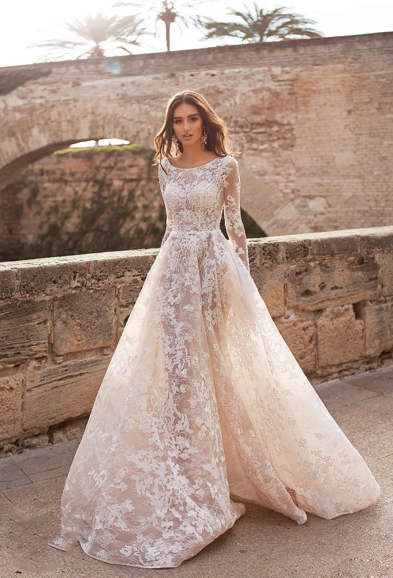 Naviblue Long Dolly Sleeves Elegant Wedding Dresses Jewel Neck Lace Appliqued Bridal Gowns Custom Made Vestido De Novia