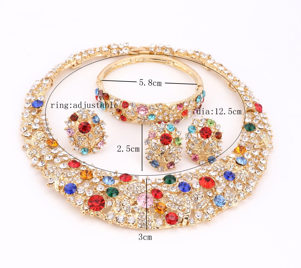 Women AB Color Crystal Jewelry Sets With Necklace Earrings Bracelet Ring Statement Necklaces Boho Trendy Wedding for Party Direct Selling