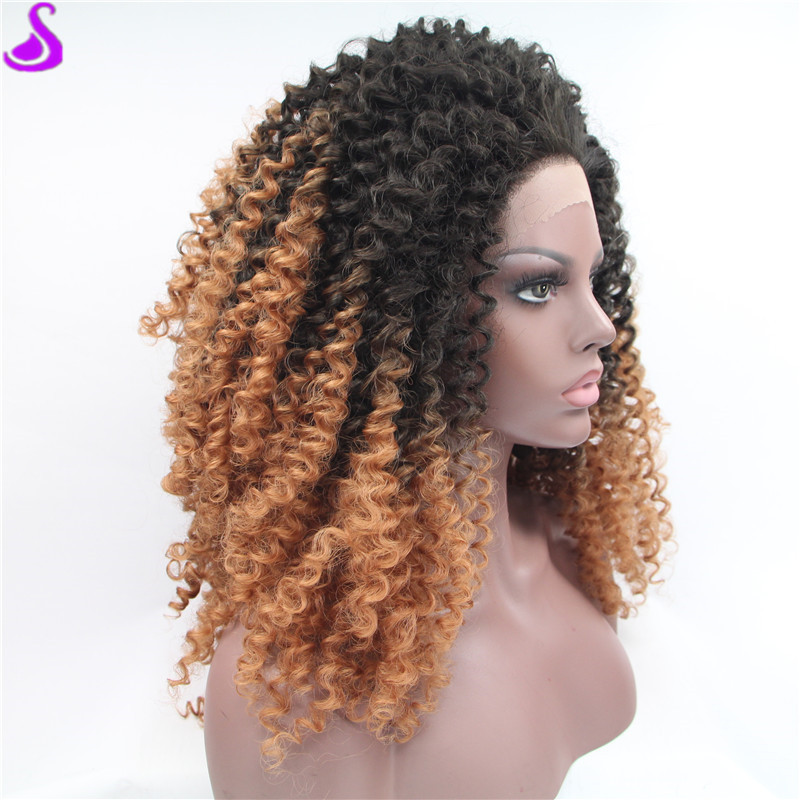 Ombre Brown wig short afro kinky Curly Synthetic Lace Front Wig Glueless Heat Resistant Natural Hair Wigs For black Women 180 Density