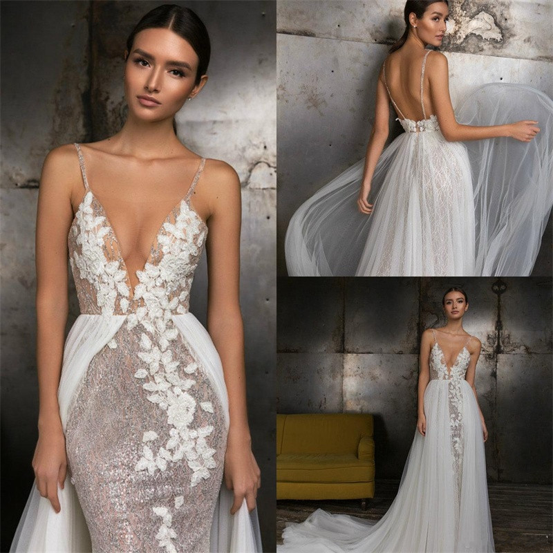 Sequined Lace Overskirts Mermaid Wedding Dresses 2018 New Appliqued Spaghetti V Neck Backless Crystal Bridal Gowns