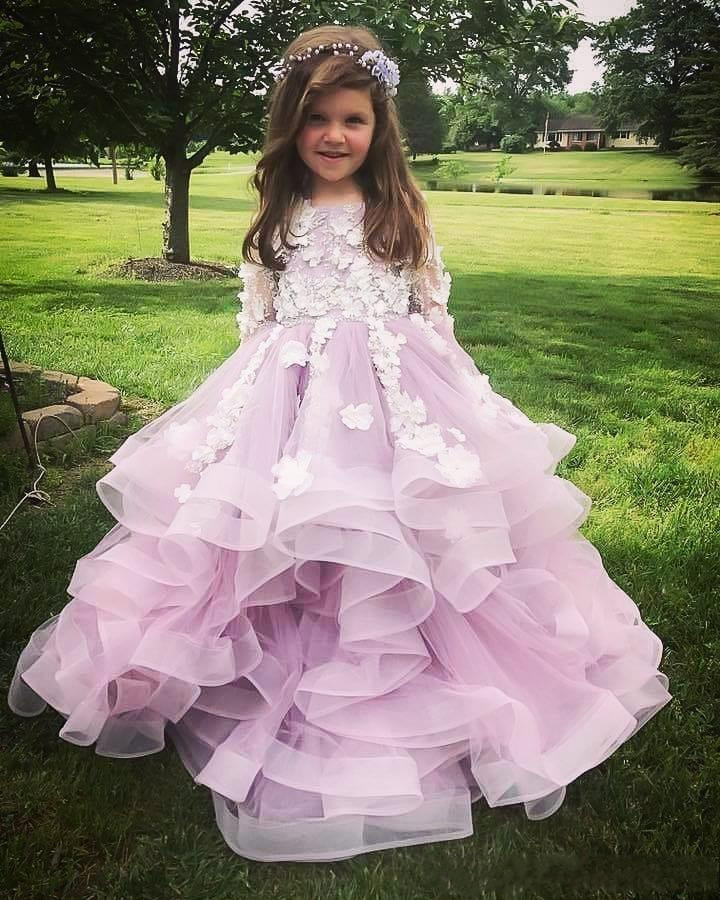 Light Purple Ruffles Flower Girl Dresses For Weddings Vintage Long Sleeves Appliques Formal Kids Party Gowns Pageant Dress