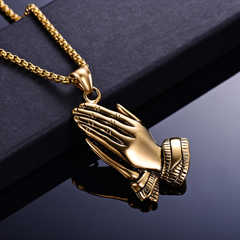 Men's Retro Praying Hands Pendant Necklace - 316L Stainless Steel with 18k Gold Plate