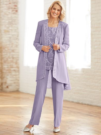 Fashion Beaded Mother Of The Bride Pant Suits Jewel Neck Sequined Formal Wedding Guest Dress With Jackets Plus Size Mothers Groom Dresses