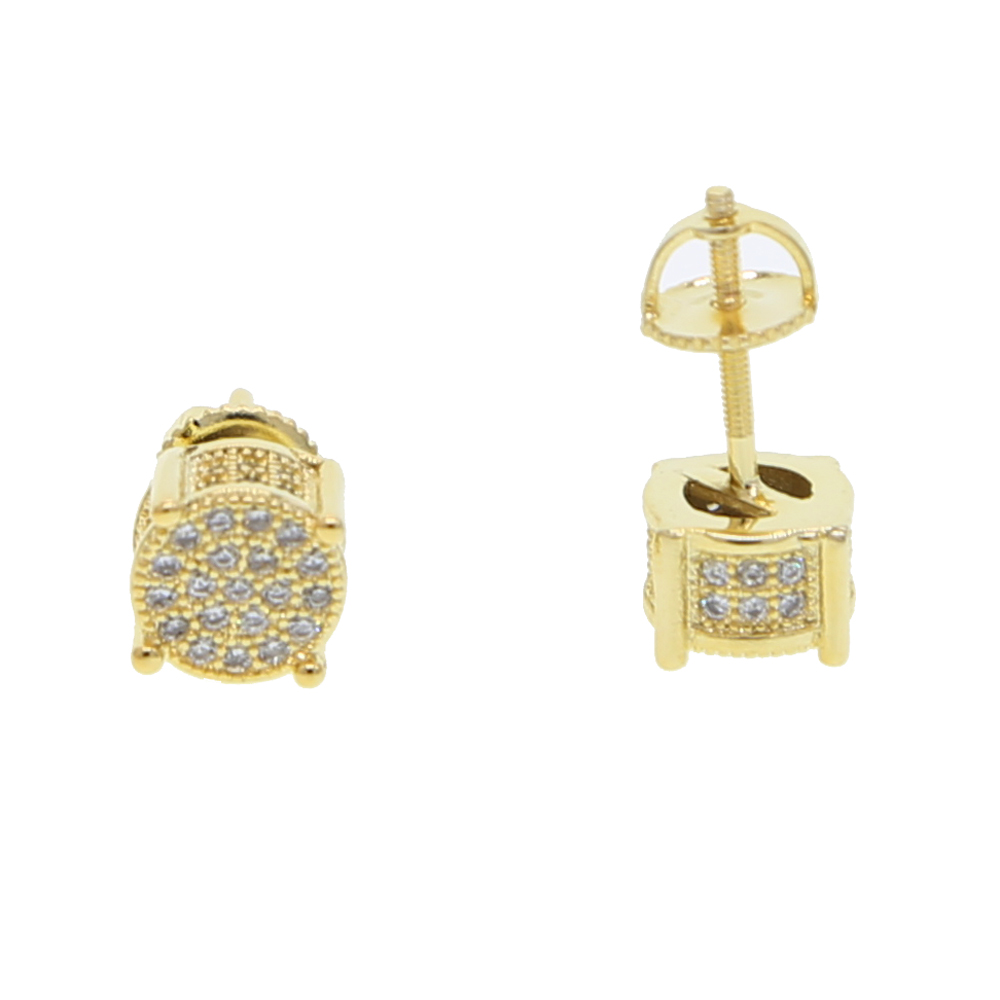 Hip Hop Round Men's Gold Screw Back Stud Earrings, 2024 Iced Out Square CZ Micro Paved 4
