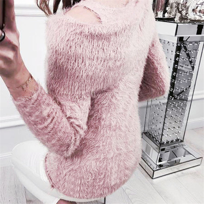 2018 newest off shoulder women sweaters fashion long sleeve autumn winter ruffles warm clothes pink white Pullover Tops sweaters C18111601