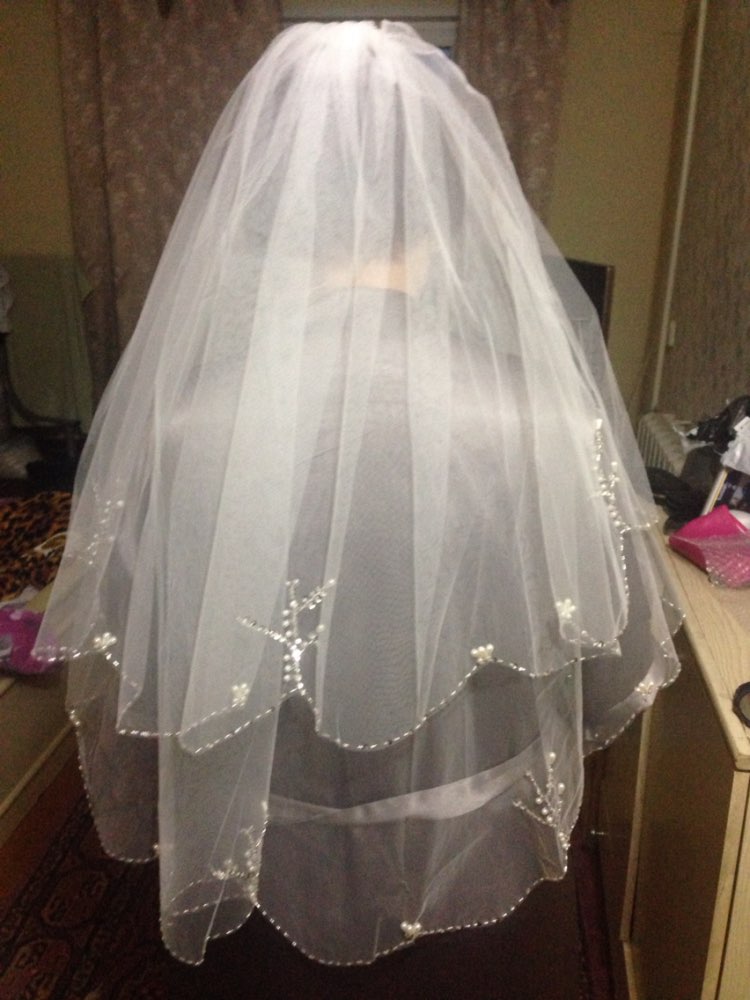 In Stock Cheap Tulle White Ivory Bridal Veils With Comb Elbow Length Two Layer Beads Pearls Edge Wedding Accessories 150 cm Long