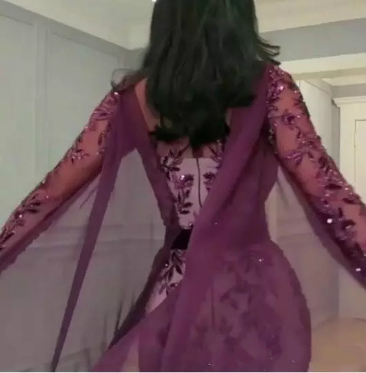 Yousef Aljasmi Evening Dresses Labourjoisie Long sleeve Cape Sequines Appliques Grape Mermaid Dubai Arabic Kaftan Prom Formal Gown Party