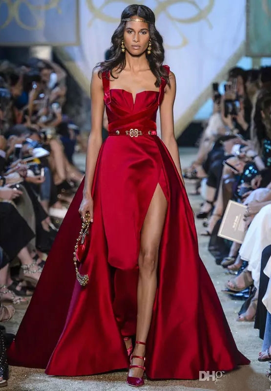 Elie Saab Red Prom Dresses Sweetheart Side Split Evening Gowns with Detachable Train Customized Satin Formal Dresses