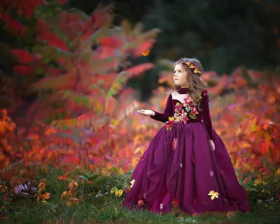 Purple Flower Girl Dresses With 3D Flower High Neck Long Sleeve Cute Girls Pageant Dress A Line Kids Formal Wear For Small Girl